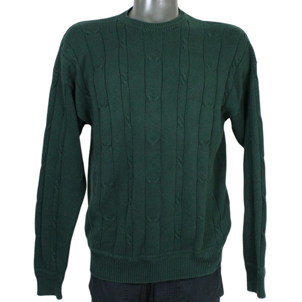 Nautica Sweater Mens M Forest Green Cable Knit Cotton Crewneck Vintage Y2K